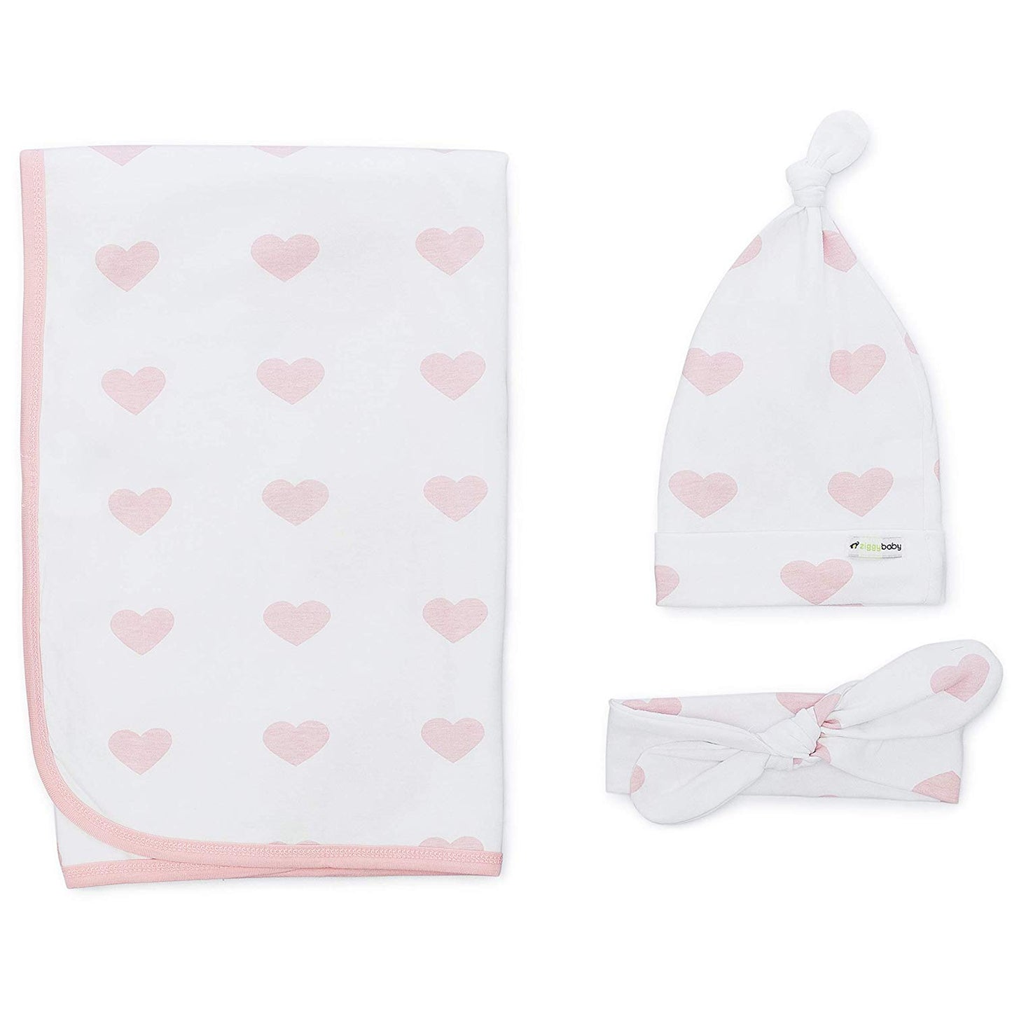 Peony & Heart 5 Piece Blanket, Hat and Headband Collection Pink White