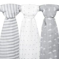 Muslin Baby Swaddle Blankets, 47x47 (3 Pack) Grey Cloud, Stripe & Stars