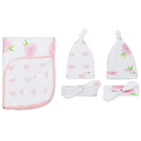 Peony & Heart 5 Piece Blanket, Hat and Headband Collection Pink White