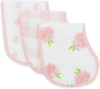 Muslin Burp Cloths, Burpy Bib Set (3 Pack) Pink Peony, Heart and Buffalo Plaid