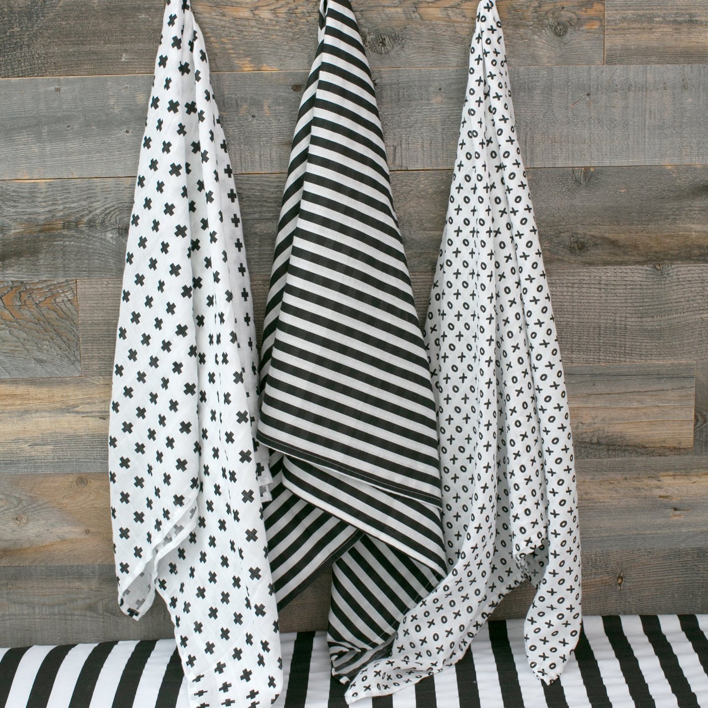 Muslin Baby Swaddle Blankets, 47x47 (3 Pack) Black, White, XO, Stripe, Cross